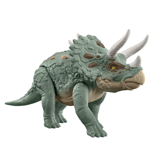 Mattel Jurassic World Gigantic Trackers Triceratops Dinosaur Action Figure, Large Species Toy, Headbutt Attack, Evolved Horn Feature, Digital Play, HTK79