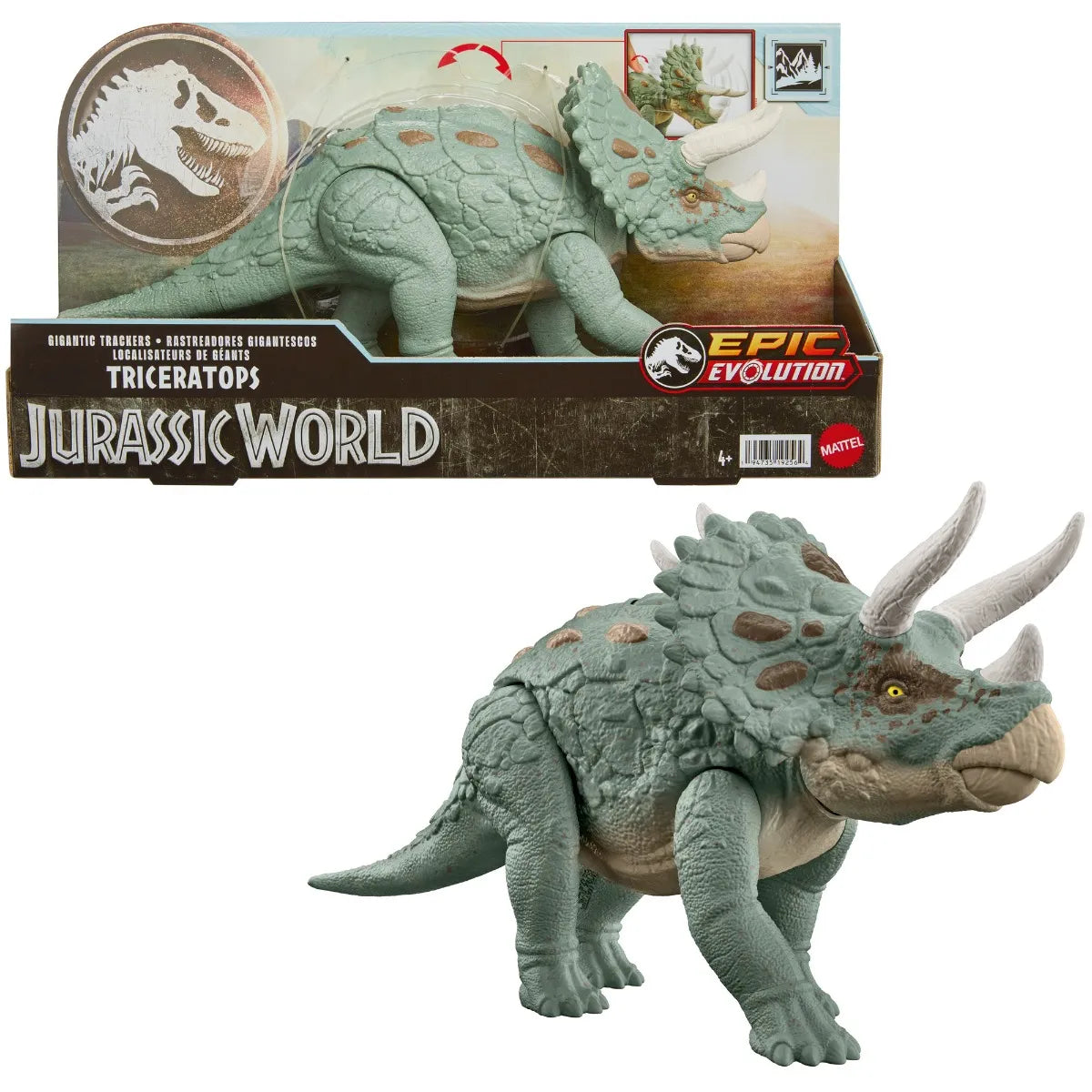 Mattel Jurassic World Gigantic Trackers Triceratops Dinosaur Action Figure, Large Species Toy, Headbutt Attack, Evolved Horn Feature, Digital Play, HTK79