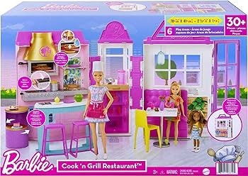 Barbie Cook 'N Grill Restaurant Playset & Barbie Doll 30+ Pieces Kitchen