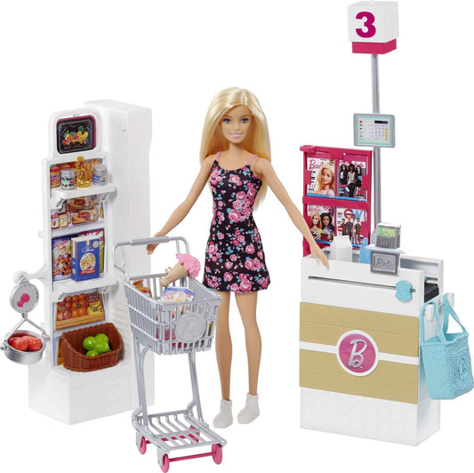 Barbie Supermarket Grocery Store With Rolling Cart And Working Belt FRP01